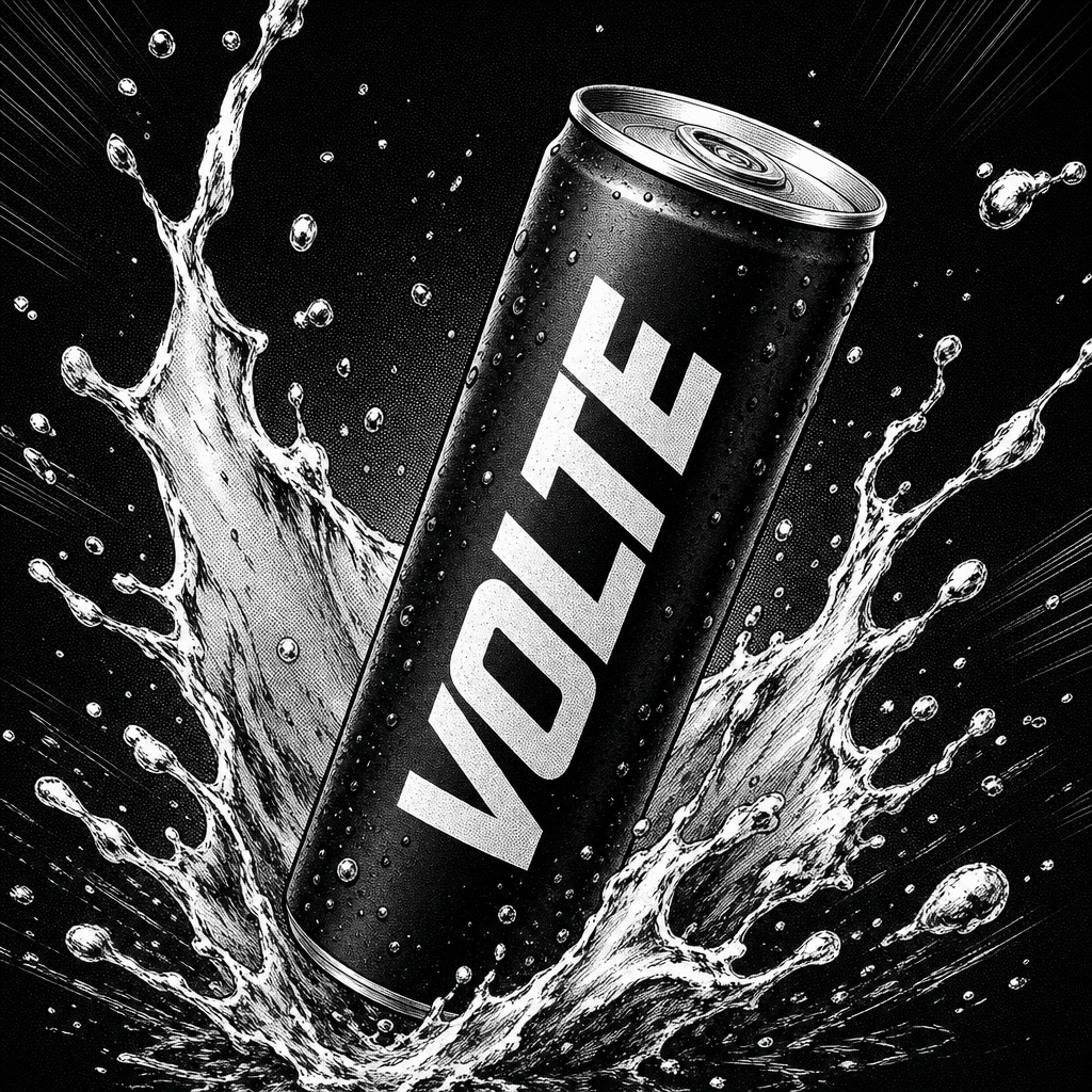 VOLTE energy drink can with a dramatic splash, drawn in inked manga style