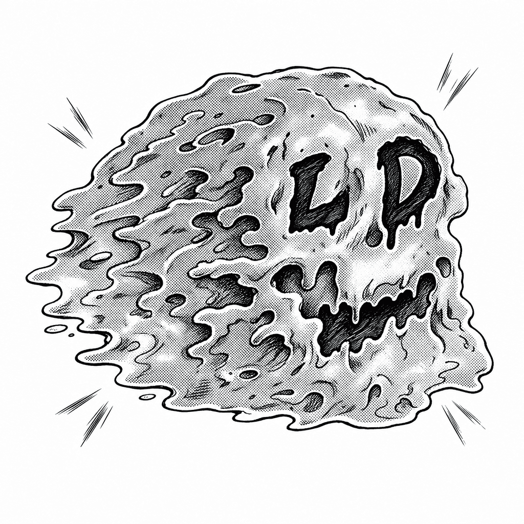 Liquid Death's skull mark, manga-inked