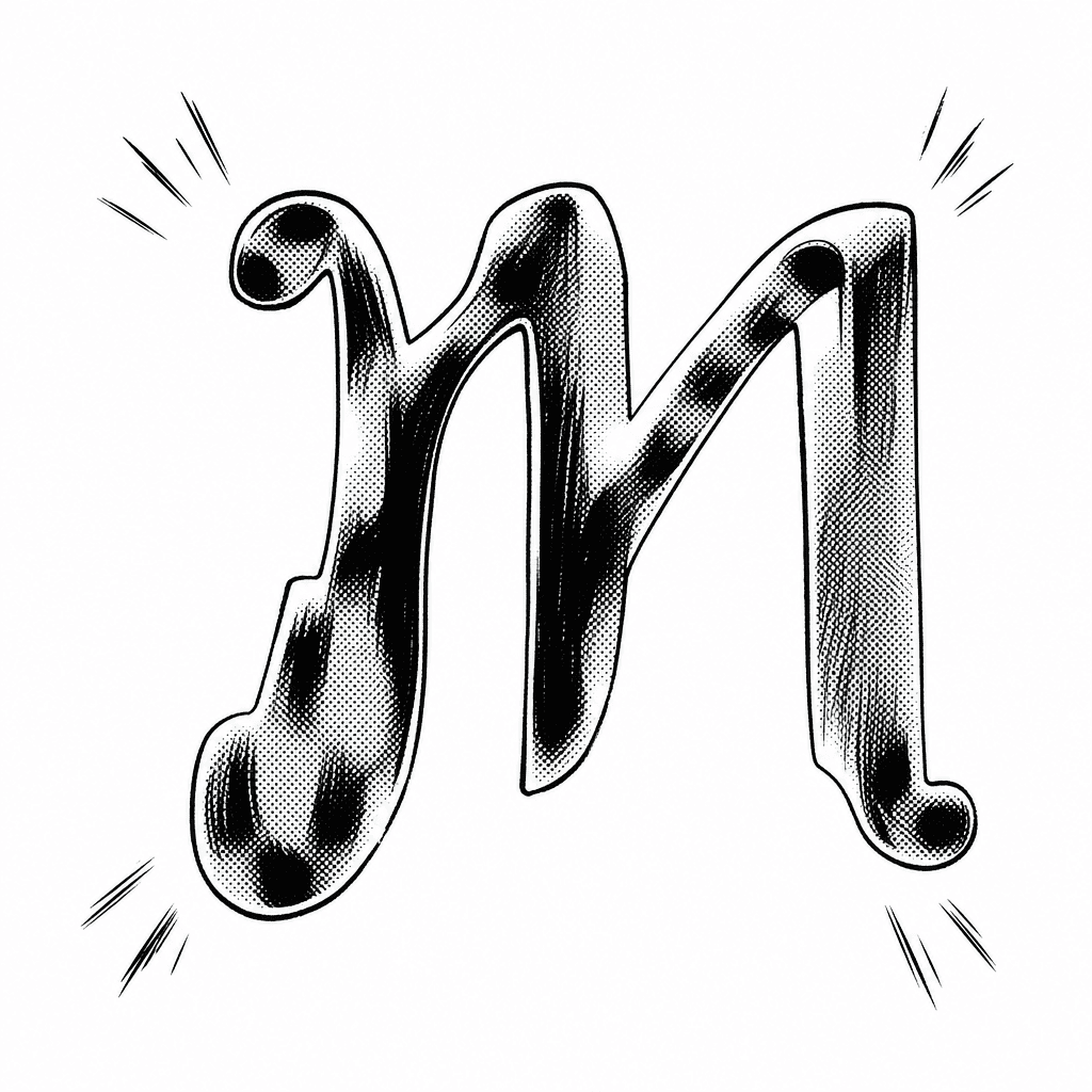 Mejuri's script M mark, manga-inked