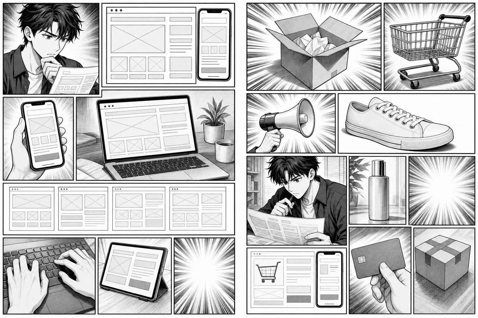Manga spread of many inked panels: wireframe storefronts, carts, phones, and speed lines