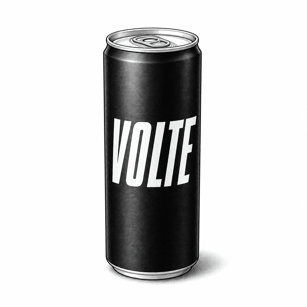 VOLTE Original can, clean product shot in inked manga style