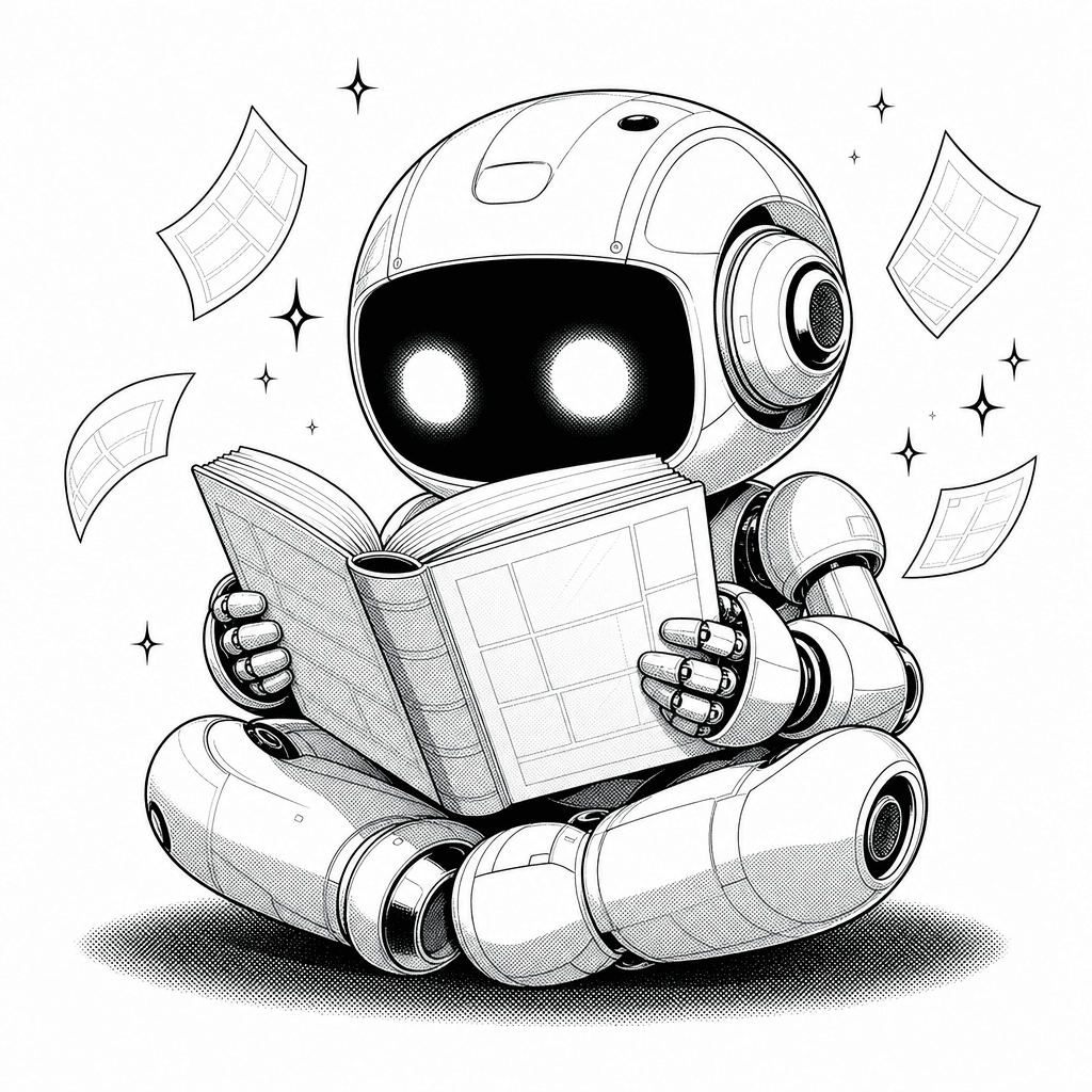 Manga illustration: a small rounded robot sits cross-legged, absorbed in a thick open book